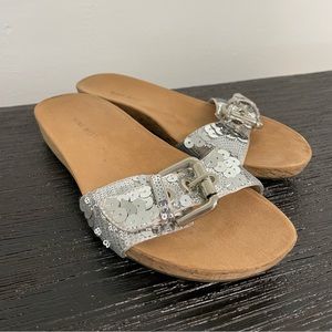 Nine West Sparkito Silver Sequin Slide Sandals 6.5M